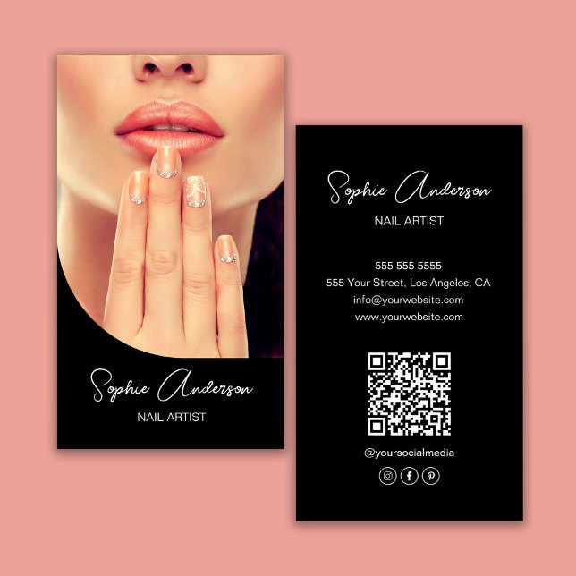 Tarjeta De Visita Artista de uñas moderno negro (Modern Nail Artist Black Business Card)