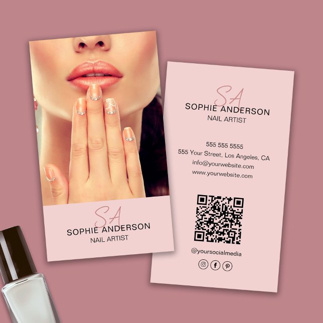 Tarjeta De Visita Artista de uñas monograma moderno rosado (Modern Monogram Nail Artist Pink Business Card)