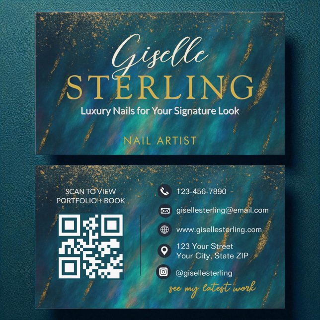 Tarjeta De Visita Artista de uñas Opal Oscuro Glam Código QR moderno (Subido por el creador)
