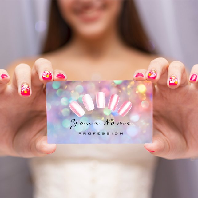 Tarjeta De Visita Artista de uñas rosa Guau Manicura Holografía (Nails Artist Pink Wow Manicure Pedicure Holograph Business Card)