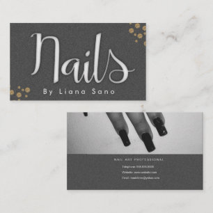 Tarjeta De Visita Artista de uñas Script y Foto Salón Gris Dorado