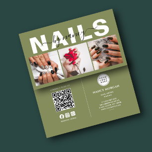 Tarjeta De Visita Artista de uñas Verde Oliva Código QR de cuadrícul