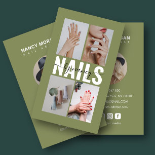 Tarjeta De Visita Artista de uñas Verde Oliva Vertical 4 Cuadrícula