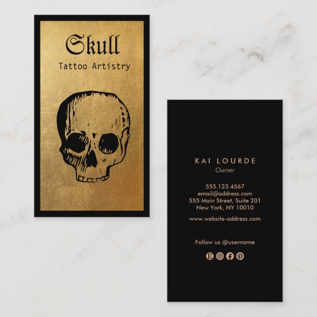 Tarjeta De Visita Artista del tatuaje del cráneo del oro (Anverso / Reverso)