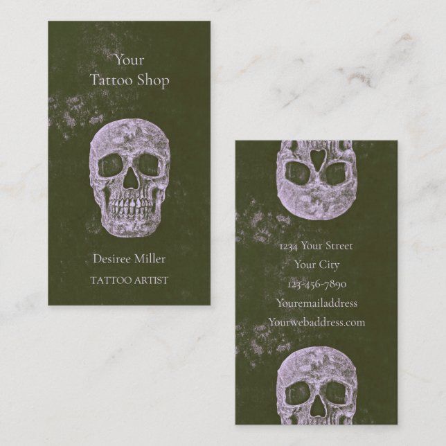 Tarjeta De Visita Artista del tatuaje del cráneo Olive Green Gothic  (Anverso / Reverso)