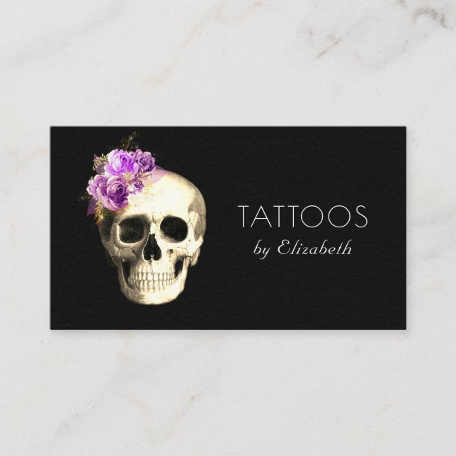 Tarjeta De Visita Artista del tatuaje Rosa del cráneo gótico (Anverso)