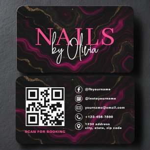 Tarjeta De Visita Artista Especialista en Uñas Código QR Rosa Negro