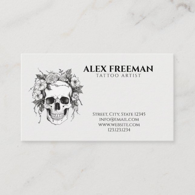 Tarjeta De Visita Artista moderno de tatuajes de cráneo negro y gris (Anverso)
