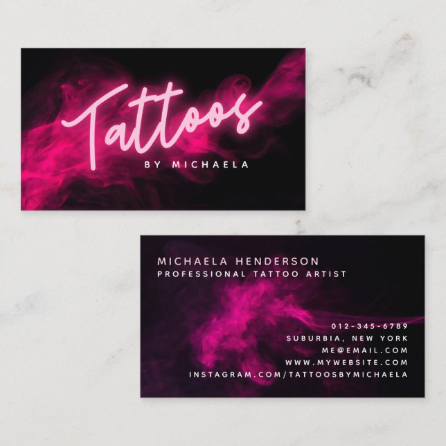 Tarjeta De Visita Artista moderno de tatuajes de neón rosa y humo (Anverso / Reverso)