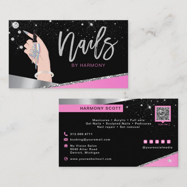 Tarjeta De Visita Artista Nail Tech Glam Salón De Diamantes De Plata (Anverso / Reverso)