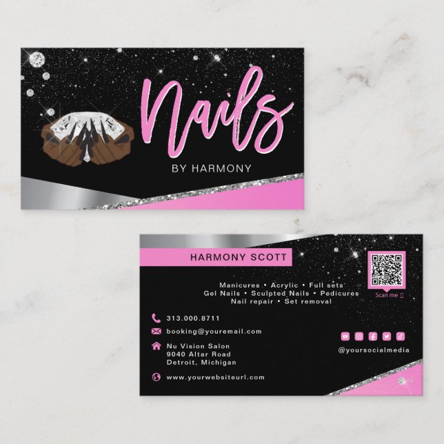 Tarjeta De Visita Artista Nail Tech Glam Salón De Diamantes De Plata (Anverso / Reverso)