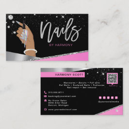 Tarjeta De Visita Artista Nail Tech Glam Salón De Diamantes De Plata