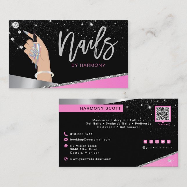 Tarjeta De Visita Artista Nail Tech Glam Salón De Diamantes De Plata (Anverso / Reverso)