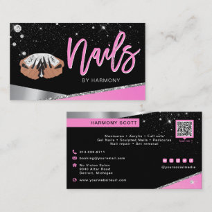 Tarjeta De Visita Artista Nail Tech Glam Salón De Diamantes De Plata