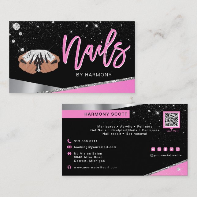 Tarjeta De Visita Artista Nail Tech Glam Salón De Diamantes De Plata (Anverso / Reverso)