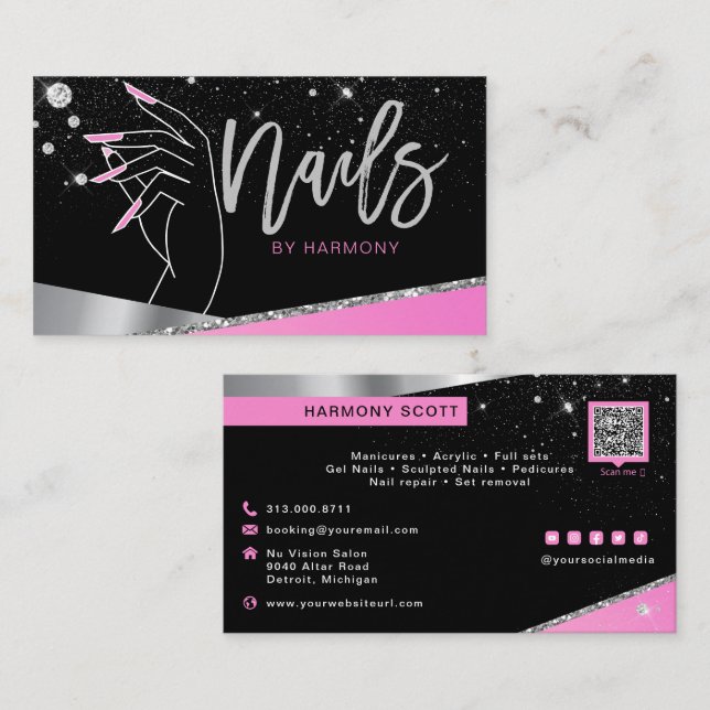 Tarjeta De Visita Artista Nail Tech Glam Salón De Diamantes De Plata (Anverso / Reverso)