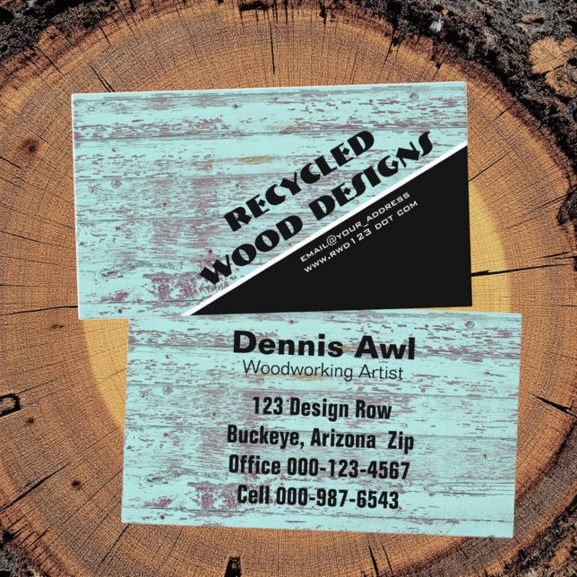 Tarjeta De Visita Artista Woodworker Vieja Madera Rústica Verde azul (Business card template front and back rustic wood design)