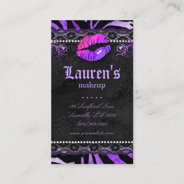 Tarjeta De Visita Artistas de maquillaje Labios N Lace Cebra Púrpura (Anverso)