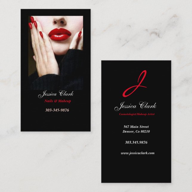 Tarjeta De Visita Artistas de maquillaje uñas labios rojos (Anverso / Reverso)