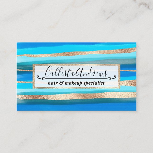 Tarjeta De Visita Artsy Ocean Aqua Blue Gold Abstract Paint Stripes (Anverso)