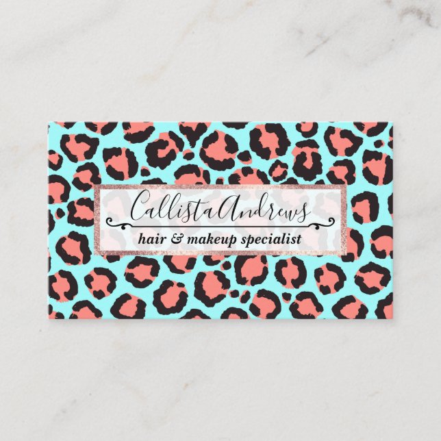 Tarjeta De Visita Artsy Trendy Coral Mint Verde azulada Leopardo imp (Anverso)