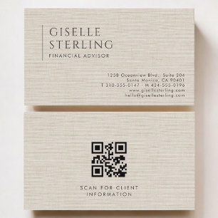 Tarjeta De Visita Asesor Financiero Código QR Lino Neutro de Lujo