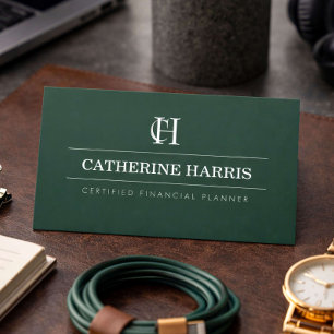 Tarjeta De Visita Asesor Financiero con Monograma Profesional Verde 