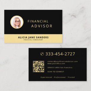 Tarjeta De Visita Asesor financiero lujo negro código QR foto oro