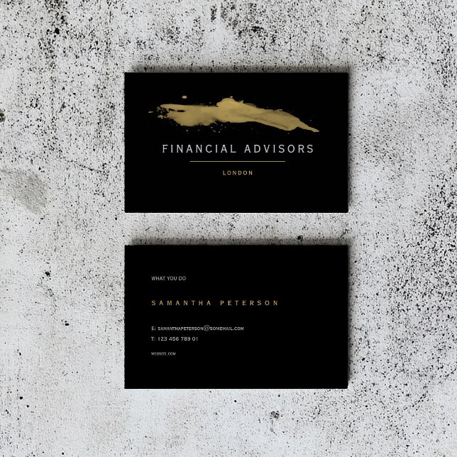 Tarjeta De Visita Asesor financiero, salpicadura de pintura de oro (Luxury black business card design for financial advisors, featuring gold brushstroke details)