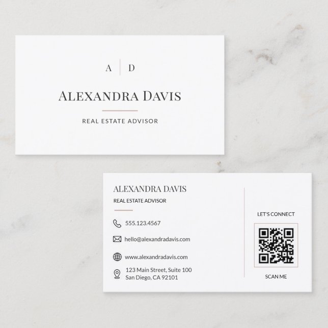 Tarjeta De Visita Asesor Inmobiliario Código QR Mínimo (Anverso / Reverso)