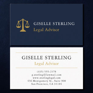 Tarjeta De Visita Asesor Legal Azul Marino Dorado