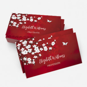 Tarjeta De Visita Asia Floral Blanco Flor de Cerezo Roja