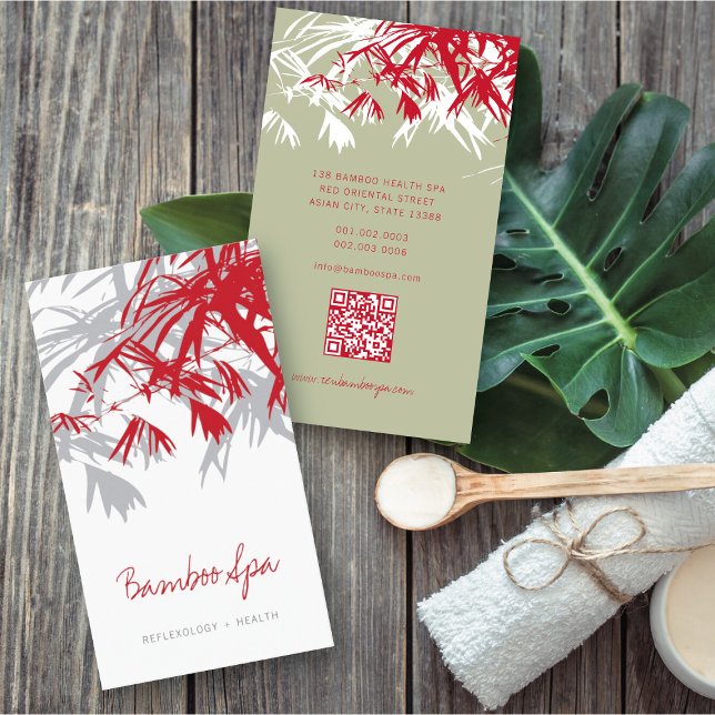 Tarjeta De Visita Asia Zen Red Bamboo deja spa oriental moderno (Oriental Asian Bamboo Leaves Modern Zen Spa Business Card / Profile Card @ fatfatin_red_knot)
