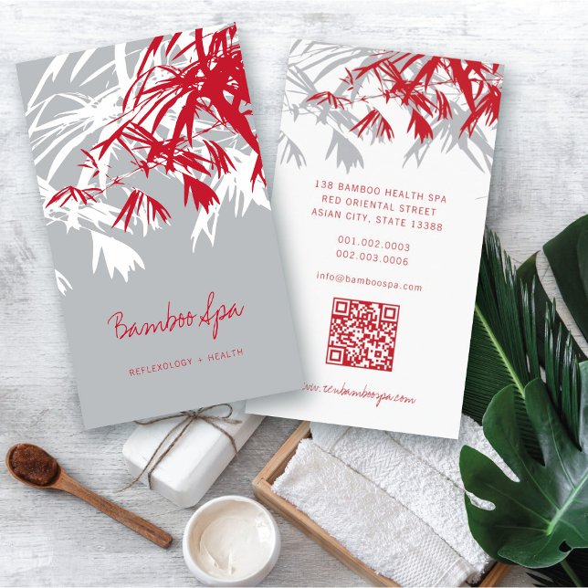 Tarjeta De Visita Asia Zen Red Bamboo deja spa oriental moderno (Oriental Asian Bamboo Leaves Modern Zen Spa Business Card / Profile Card @ fatfatin_red_knot)