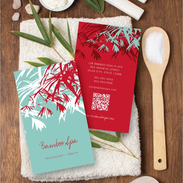 Tarjeta De Visita Asia Zen Red Bamboo deja spa oriental moderno (Oriental Asian Bamboo Leaves Modern Zen Spa Business Card / Profile Card @ fatfatin_red_knot)