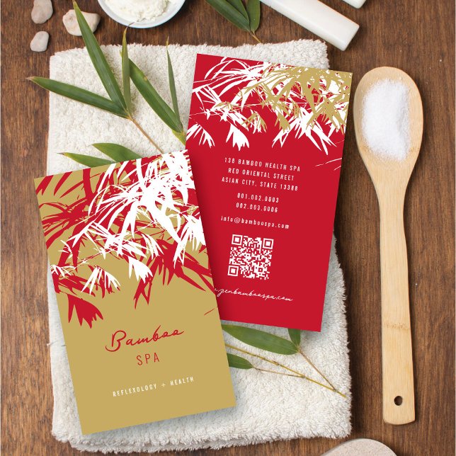Tarjeta De Visita Asia Zen Red Bamboo deja spa oriental moderno (Oriental Asian Bamboo Leaves Modern Zen Spa Business Card / Profile Card @ fatfatin_red_knot)