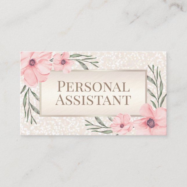 Tarjeta De Visita Asistente personal de Floral Pearl FAUX Purpurina (Anverso)