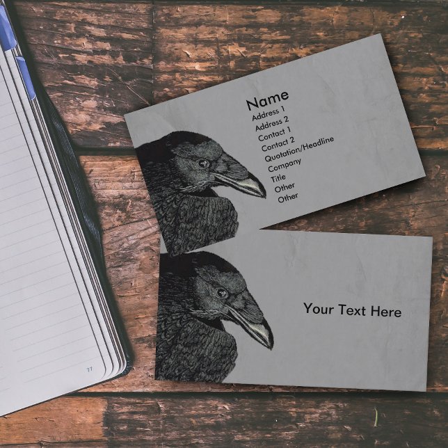 Tarjeta De Visita Asombrosa cara de cuervo negro inquietante (Illustration of head beak of black crow on marbled grey business cards.)