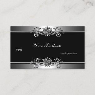 Tarjeta De Visita Aspecto de plata metálica Floral elegante negro j