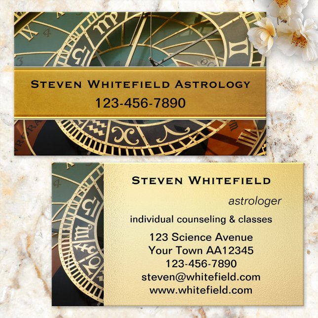 Tarjeta de visita Astrologer Profesional (Professional business card for an astrologer featuring an image of the astrological clock.)