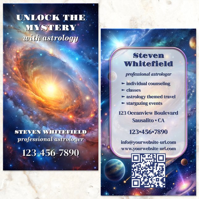 Tarjeta De Visita Astrologer profesional de la galaxia celeste (Astrologer business card featuring a celestial illustration of the galaxies with planets and stars.)