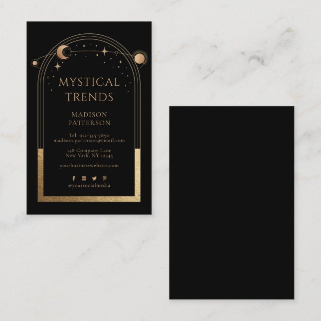 Tarjeta De Visita Astronomía mística celestial de Black Gold Sun Moo (Anverso / Reverso)