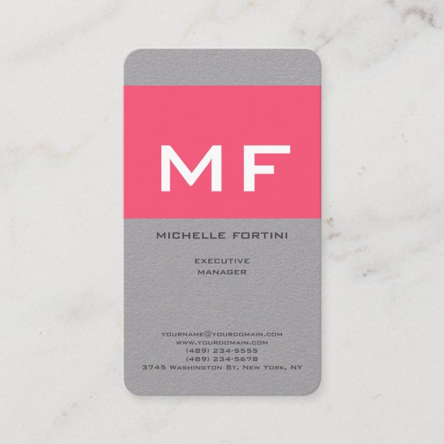Tarjeta De Visita Atractivo Monograma Blanco Rosa Gris Premium (Anverso)