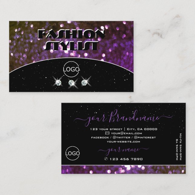 Tarjeta De Visita Atrapar ojos Purpurina de espuma morada negro Añad (Anverso / Reverso)