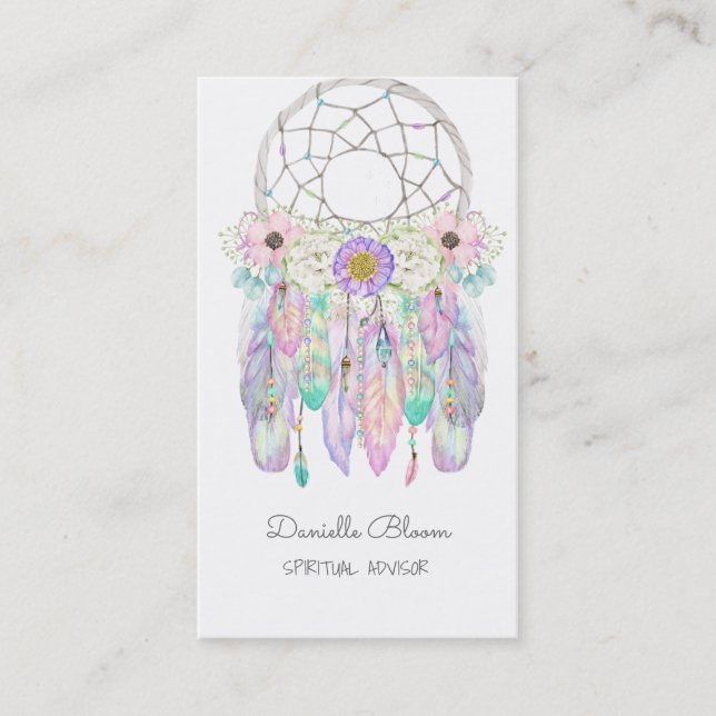 Tarjeta De Visita Atrapasueños Hadas Boho Flechas Plumas Negocio  (Anverso)