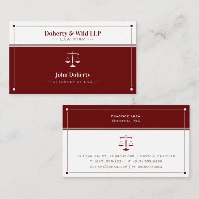 Tarjeta De Visita ATTORNEO | Escalas de justicia rojo oscuro (Anverso / Reverso)
