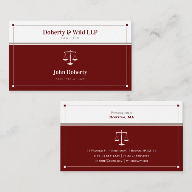 Tarjeta De Visita ATTORNEO | Escalas de justicia rojo oscuro (Anverso / Reverso)