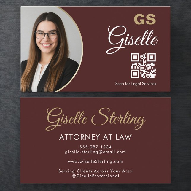 Tarjeta De Visita Attorney at Law Burgundy Gold Photo QR Code  (Subido por el creador)