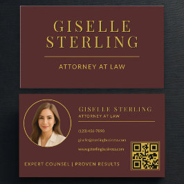 Tarjeta De Visita Attorney at Law Burgundy Gold Photo QR Code