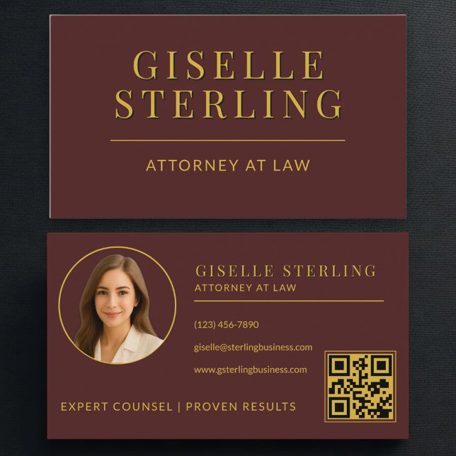Tarjeta De Visita Attorney at Law Burgundy Gold Photo QR Code (Subido por el creador)